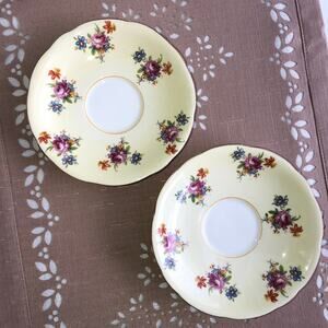 Aynsley Vintage Cream Bone China Floral Print Gold Trim Saucers Set of 2
